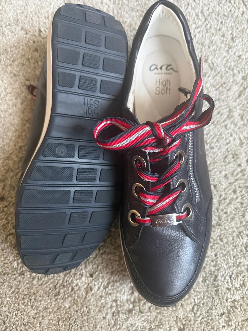 Ara Black Leather Sneakers with Red Accent Laces